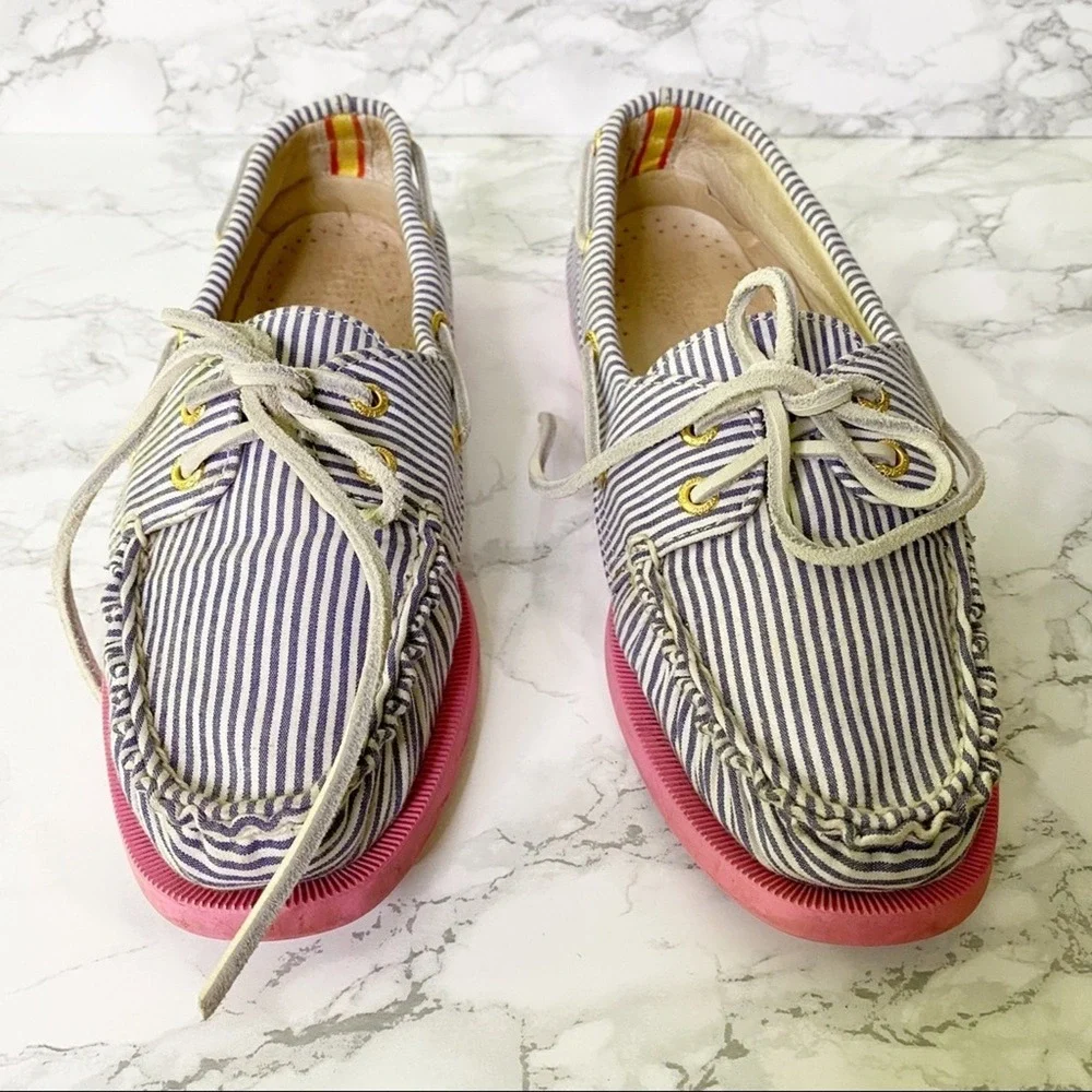 Sperry Top-Sider‎ J. Crew Boat Shoes Womens 6.5 Blue White Striped Pink Sole
